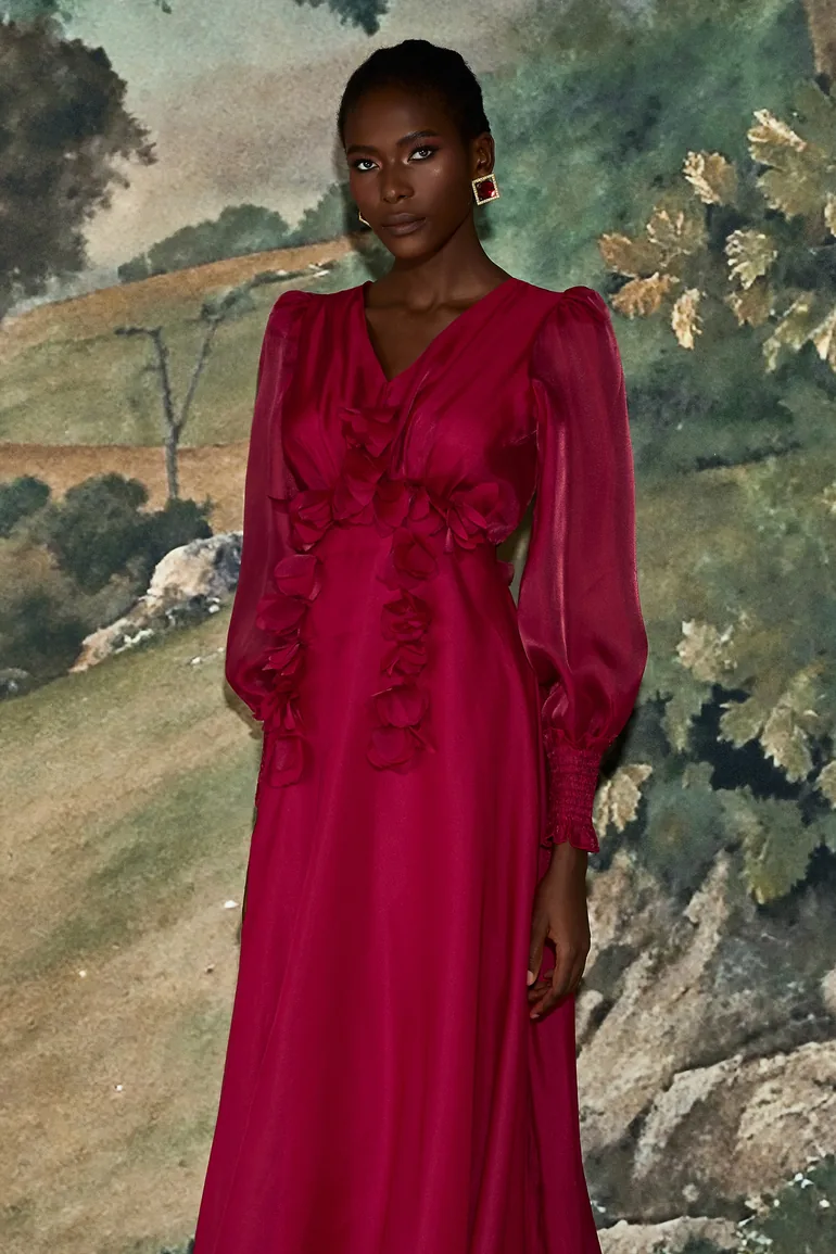 Organza 3D Flower V-Neck Midi Dress - 1