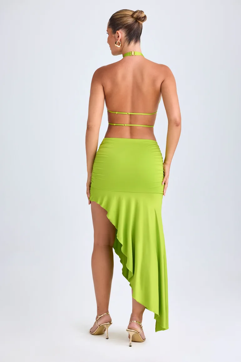 Asymmetric Cut-Out Halterneck Midaxi Dress in Lime Green - 1