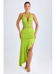 Asymmetric Cut-Out Halterneck Midaxi Dress in Lime Green - 5