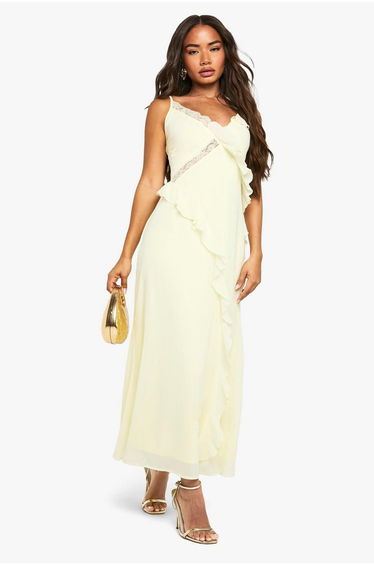 Chiffon Lace Detail Ruffled Midaxi Dress - lemon