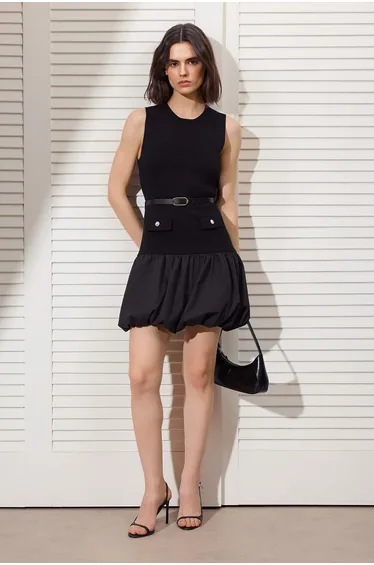 Black Plain Short / Mini Crew Neck Mini Balloon Skirt Garni Detailed Knitwear Dress