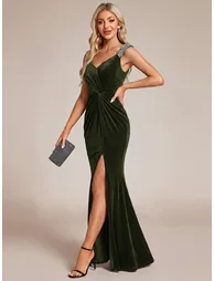 Sleeveless Velvet V-Neck Sequin Mermaid Maxi Evening Dresses - 7