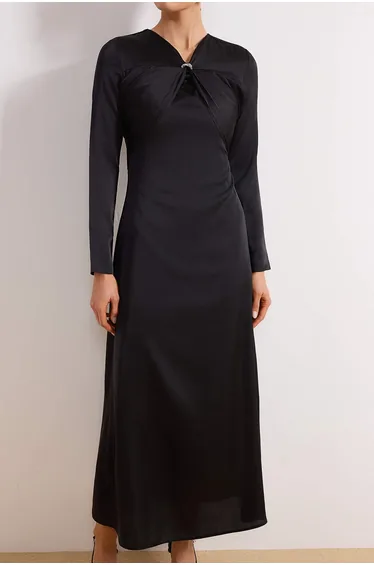 Black A-Line Satin Plain Weave Hijab Evening Dress