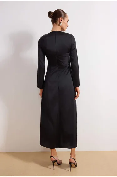 Black A-Line Satin Plain Weave Hijab Evening Dress
