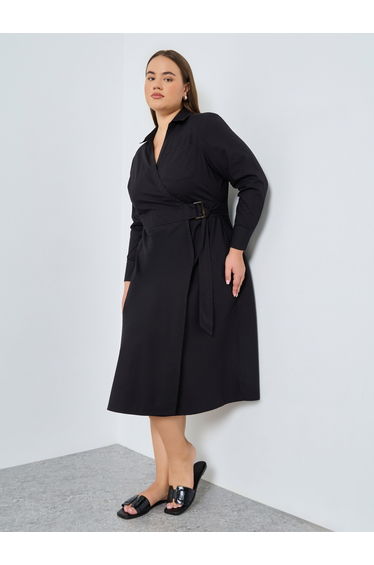 Plus Size Cotton Wrap Shirt Midi Dress