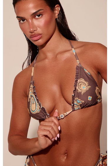 Mustard Paisley Print Frill Hem Triangle Bikini Top