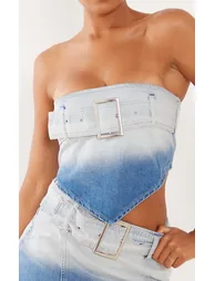 Faded Mid Blue Wash Belted Denim Top - 3