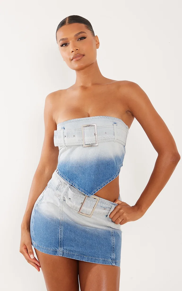 Faded Mid Blue Wash Belted Denim Top