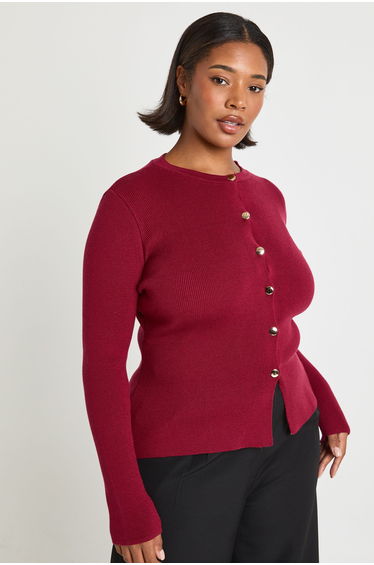 Plus Gold Button Crew Neck Peplum Cardigan - burgundy
