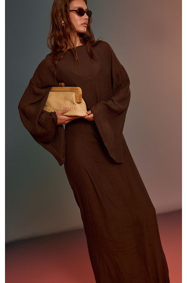 Espresso Linen Look Flute Sleeve Beach Maxi Dress