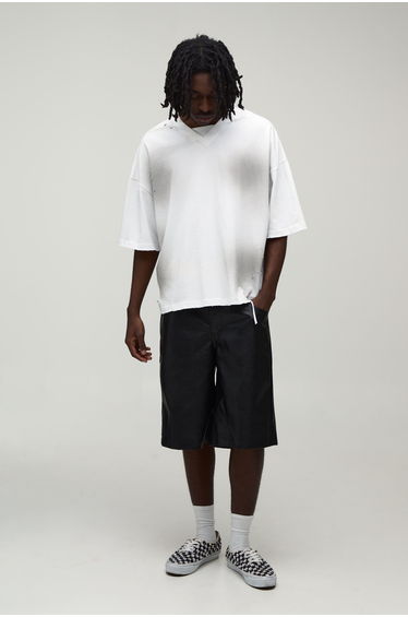 Relaxed Fit Washed PU Longline Short - black