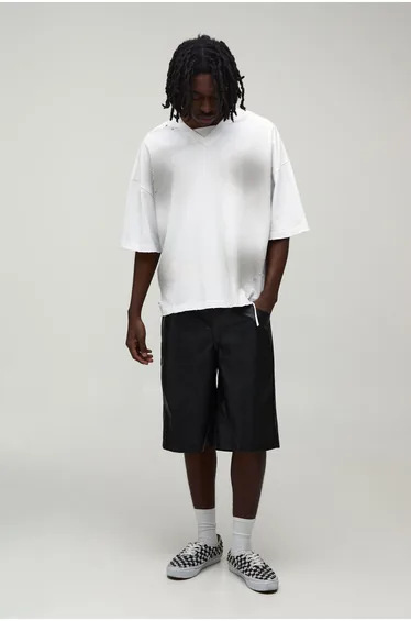 Relaxed Fit Washed PU Longline Short - black