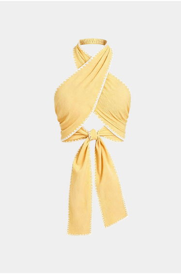 Contrast Binding Crossed Tie-Up Backless Tank Top