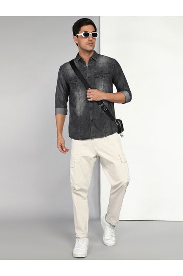 Men Black Faded Denim Shirt
