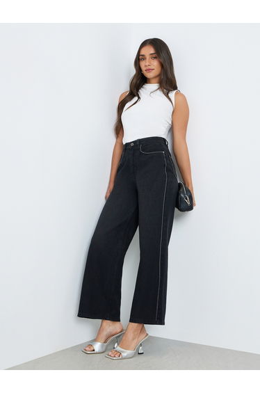 Women High Rise Wide Leg Side Studded Jeans