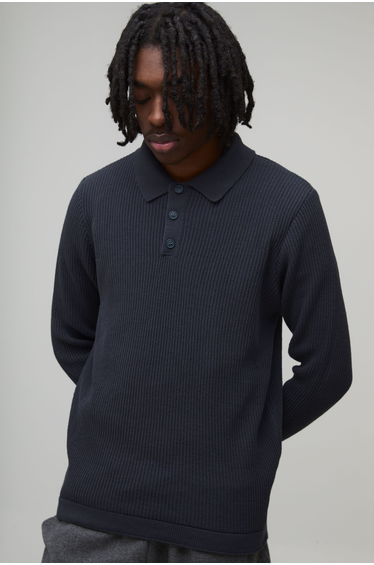 Regular Fit Button Neck Waffle Long Sleeve Knitted Polo - grey