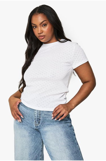 Plus Pointelle Short Sleeve Fitted Top - white