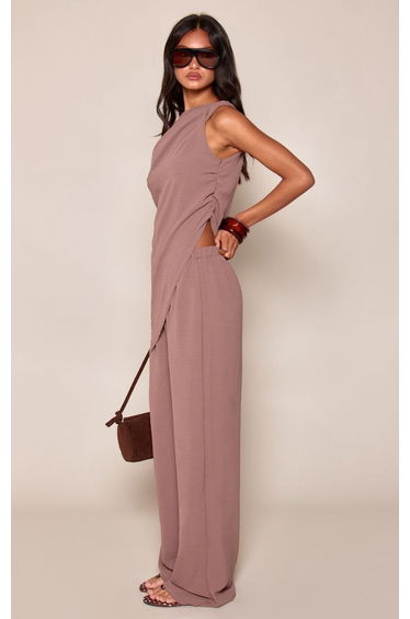 Mocha Textured Asymmetric Neckline Draped Top Co-ord