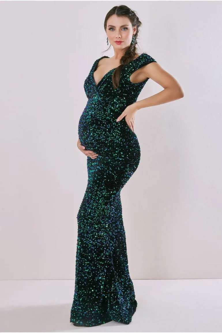 Shop Goddiva Maternity Sequin & Velvet Bardot Maxi Online in Bahrain