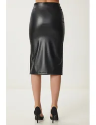 ISTANBUL High Waist Faux Leather Midi Skirt with Slit - 5
