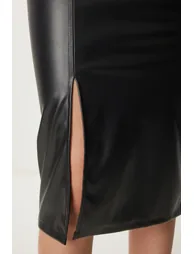 ISTANBUL High Waist Faux Leather Midi Skirt with Slit - 4