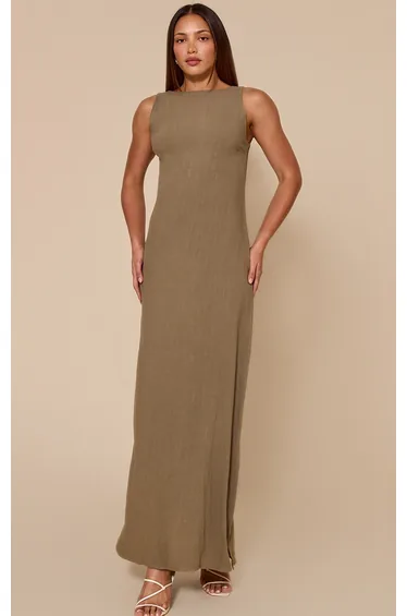Tall Khaki Textured Boat Neck Low Back Maxi Dress