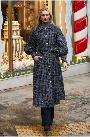 Balloon Sleeve Belted Coat - Black
