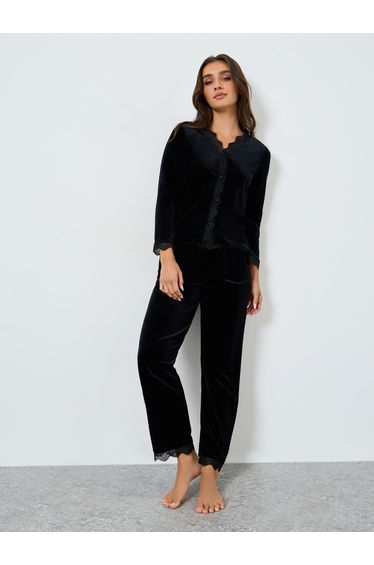 Velvet Look Lace Insert Top and Pyjama Set