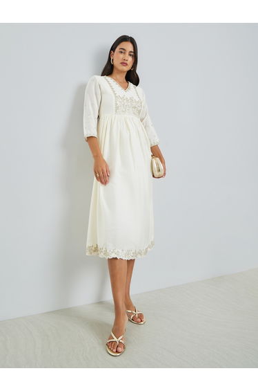 Cream Embroidery A-Line Midi Dress with 3/4th Sleeves