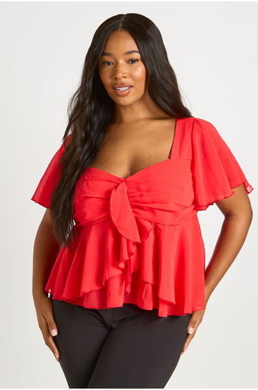 Plus Angel Sleeve Ruffle Top - red