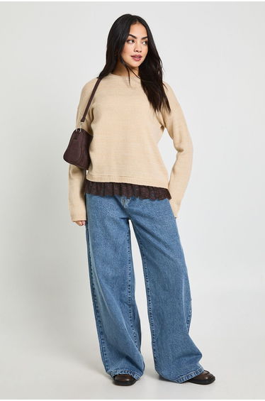 Lace Trim Knitted Jumper - stone