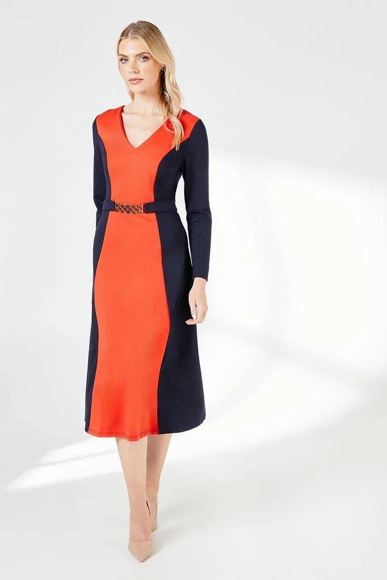 Shop Colour Block Belted Ponte Dress - navy Online in Bahrain Shop Colour Block Belted Ponte Dress - navy Online in Bahrain