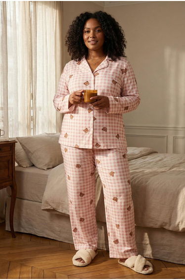 Beige Teddy Bear Pattern Checkered Shirt Collar Plus Size Pajama Set