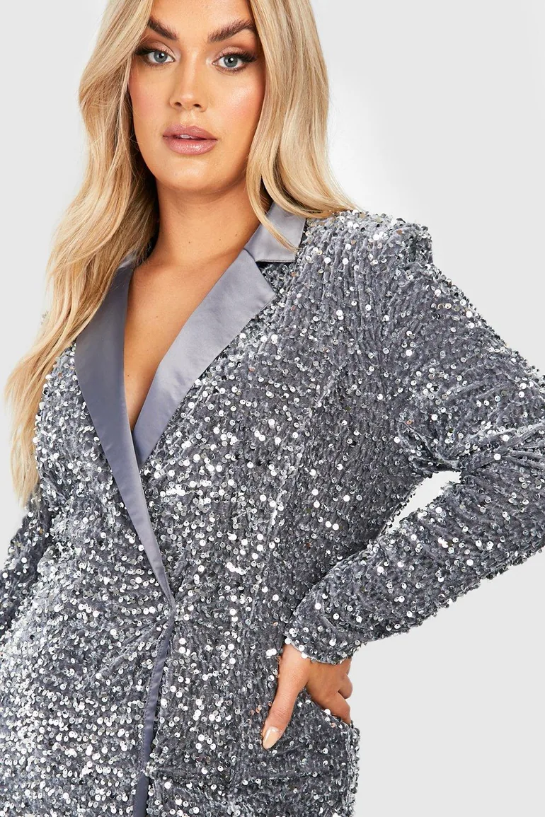 Plus Velvet Sequin Wrap Blazer Dress - silver - 3