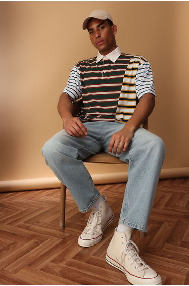 Multi Color Oversize/Wide Cut Striped Polo Neck T-shirt