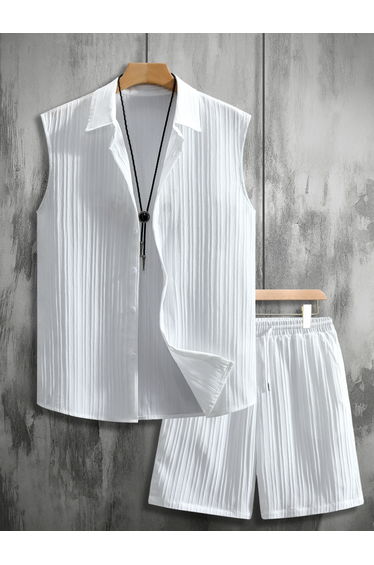 Men White Textured Sleeveless Button Front Shirt and Shorts Co-Ords