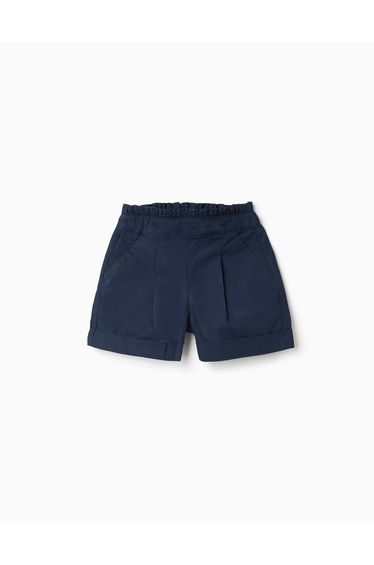 Poplin Shorts With Paperbag Waistband And Pleats For Girls Dark Blue