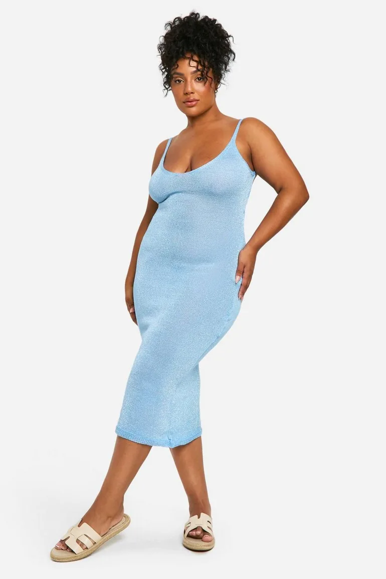 Shop Plus Glitter Knitted Backless Midi Dress - blue Online in Oman