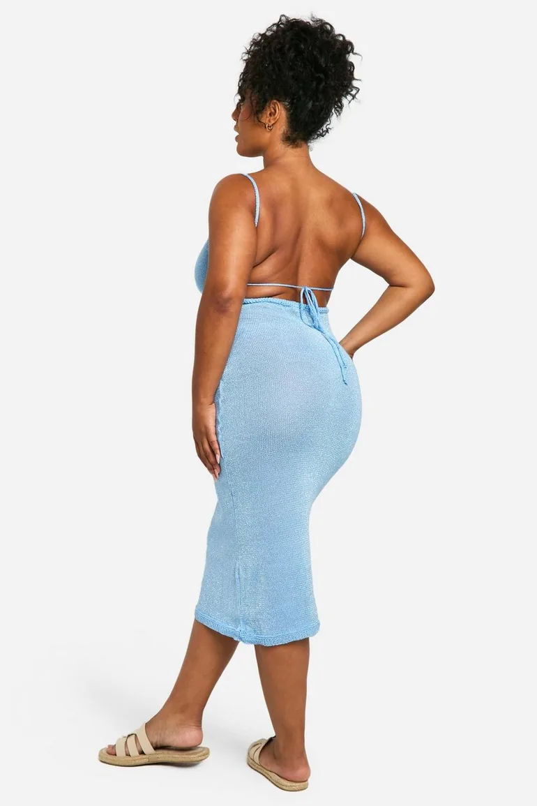 Shop Plus Glitter Knitted Backless Midi Dress - blue Online in Oman Shop Plus Glitter Knitted Backless Midi Dress - blue Online in Oman