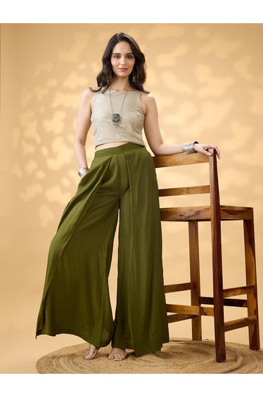 Olive High Rise Pleated Wide Leg Trousers