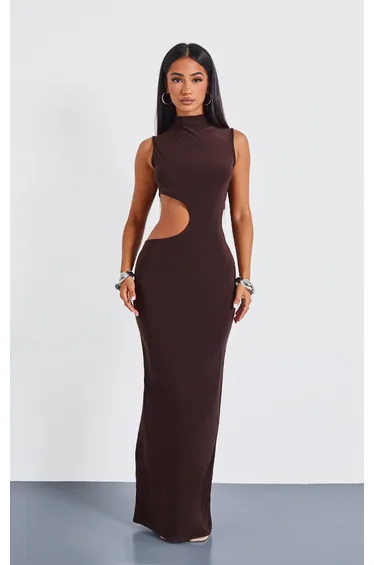 Petite Chocolate Bodycon Slinky Cut Out Maxi Dress