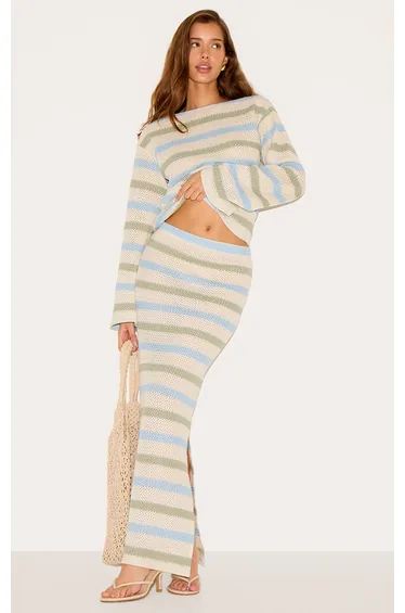 Sage Striped Mid Rise Maxi Skirt