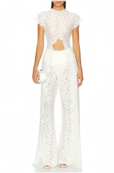 Loana White Floral Lace Top & Trousers Set