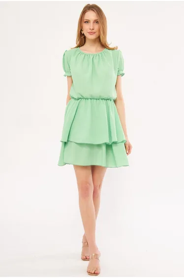 Women's Light Green Endeka Dress Collar Gathered Sleeve and Elastic Waist Skirt Layered