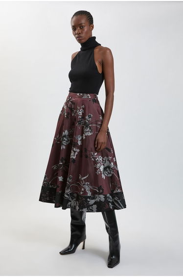 Floral Jacquard Tailored Full Midi Skirt