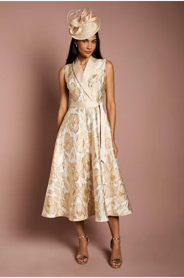 Sleeveless Tux Jacquard Fit And Flare Midi Dress