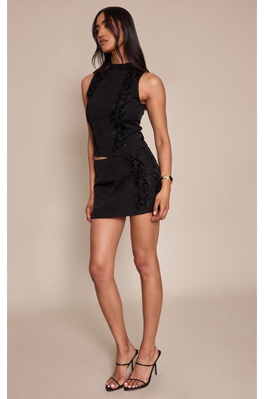 Black Woven Floral Velvet Mini Skirt
