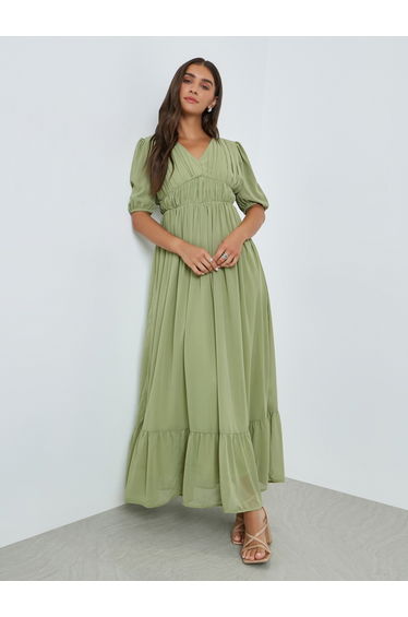 Olive Ruched A-Line Maxi Dress