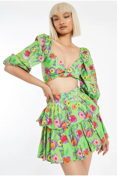 Neon-Green Floral Tiered Ruffle Mini-Skirt
