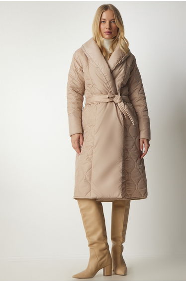 Women's Cream Belted Shawl Collar Quilted Coat